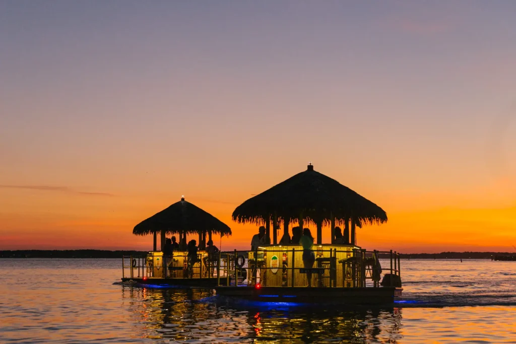 Floating tiki boat cruise in Fernandina Beach harbor